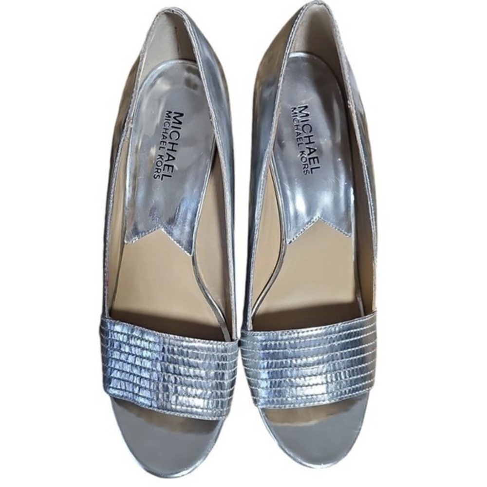 Michael Kors Silver Metallic Wedge Sandals Peep Toe Evening Shoes‎ 9 B NWOB